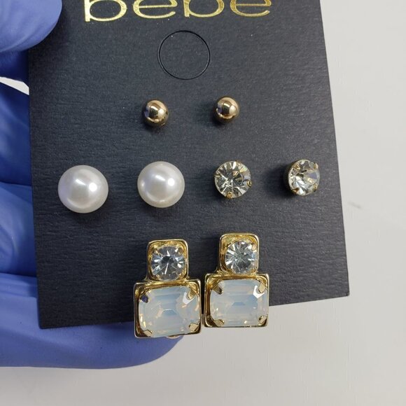 BEBE, Set of 4 pairs of Silver-tone, Gray and Black Beaded Drop Studs Earrings - Picture 5 of 6